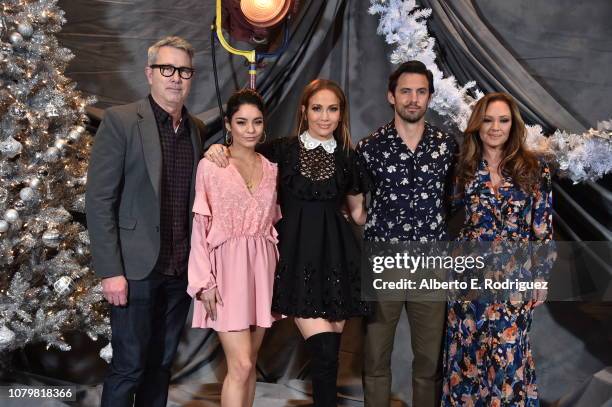 Peter Segal, Vanessa Hudgens, Jennifer Lopez, Milo Ventimiglia, and Leah Remini attend the photo call For STX Films' "Second Act" at Four Seasons...