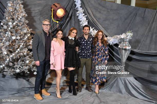 Peter Segal, Vanessa Hudgens, Jennifer Lopez, Milo Ventimiglia, and Leah Remini attend the photo call For STX Films' "Second Act" at Four Seasons...