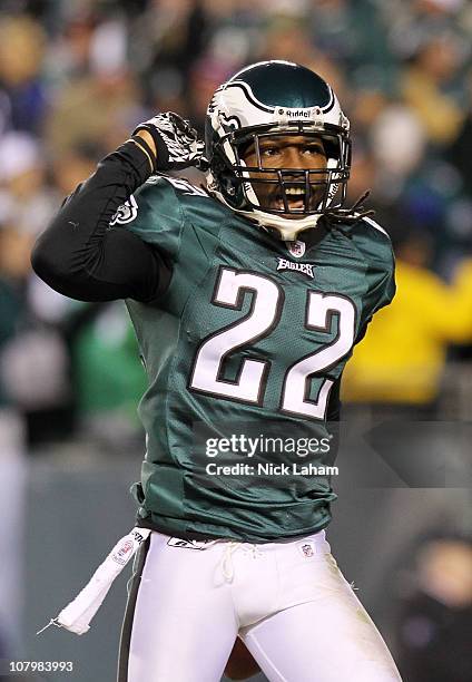 Asante Samuel of the Philadelphia Eagles celebrates after an interception in the second quarter against the New York Giants at Lincoln Financial...