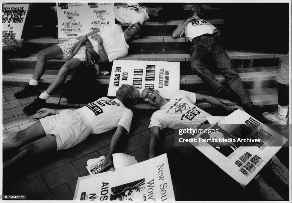 Aids protest outside min health John Hannafords office in Leo Burnett house, Cnr Miller and Blue St. Nth Syd.Actup demonstrators make their point over the lack of beds for aids patients in aids wards, and the refusal of St. Vincents Hospital to place thes
