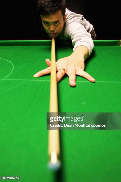 Marco Fu of Hong Kong poses on the practice table during The Ladbrokesmobile Masters on Day 3 at Wembley Arena on January 11, 2011 in London, England.