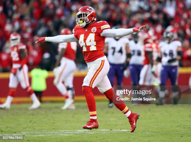 Linebacker Dorian O'Daniel of the Kansas City Chiefs celebrates after the Chiefs defeated the Baltimore Ravens 27-24 in overtime to win the game at...