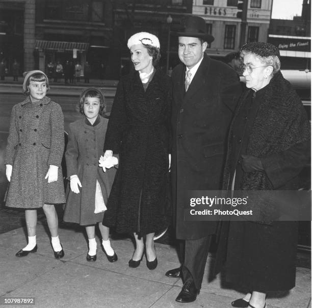 Vice President Richard Nixon poses with his family, from left, his daughters Tricia and Julie , his wife Pat Nixon , and his mother, Hannah Milhous...