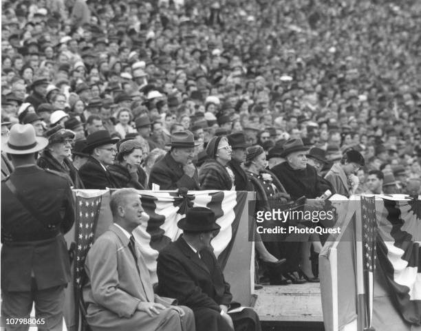 Britain's Queen Elizabeth II attends an American college football game at Byrd Stadium on the campus of the University of Maryland, College Park,...