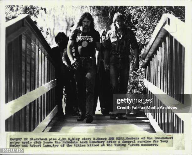 Members of the Comancheros motor cycle club leave the Palmdale Lawn Cemetery after a funeral service for Tony MeCoy and Robert Lane, two of the...