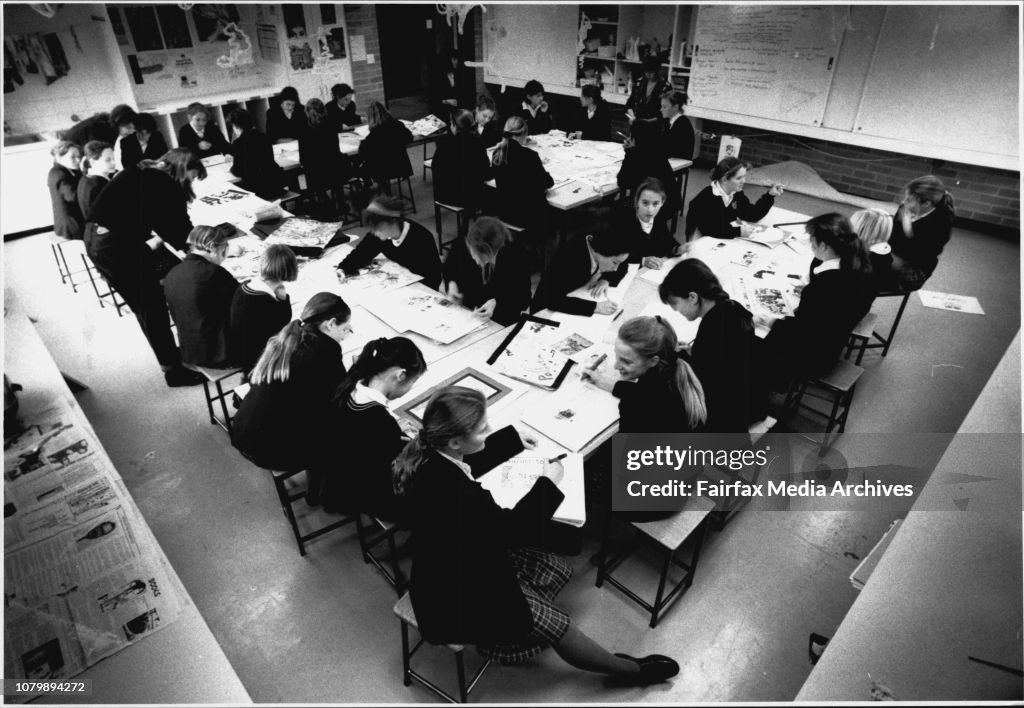 Herald Art Awards" -- Year 7 students from Wenona Girls School at North Sydney at work on entries for S.M.H."On This Day" Art Awards (theme is Russian Coup & Strathfield Massacre front Page which appeared Aug 20).