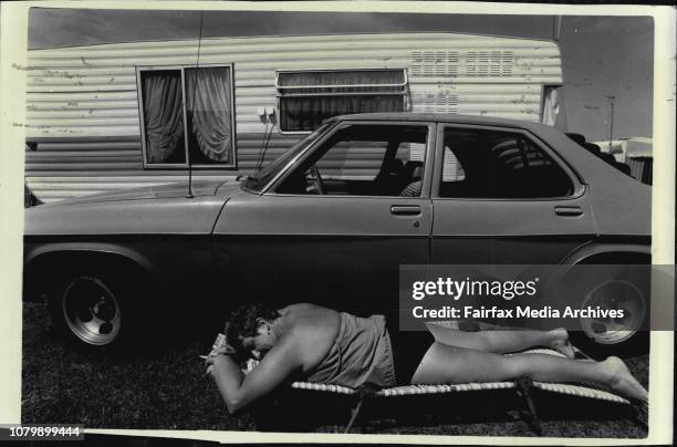 Life in the Toowoon Bay, Caravan Park.Noeline Hutchinson on banana bed.A Banana bed, a cigarette, and a Caravan by the sea - all the ingredients of a...