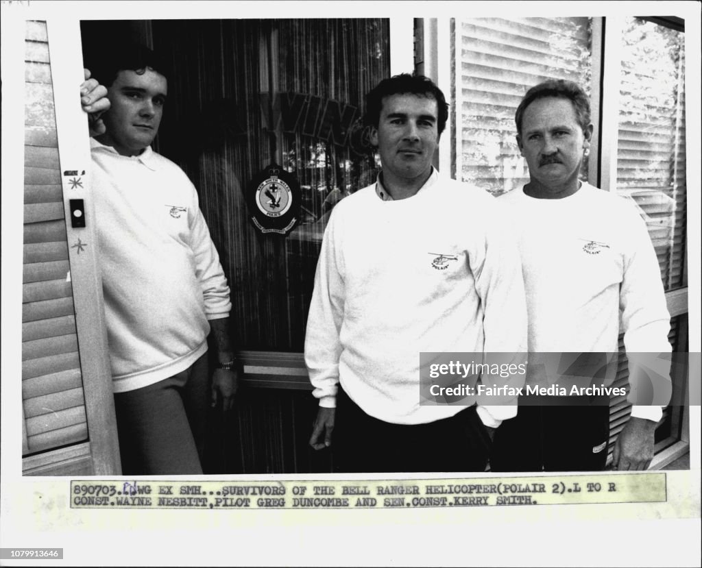 Survivors of the Bell Ranger Helicopter (PolAir 2).(l-r) Constable Wayne Nesbitt, Pilot Greg Duncombe and Senior Constable Kerry Smith. The helicopter went down one kilometre north of south head.