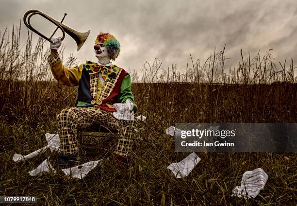 clown looking at bugle_1 - ian gwinn stock pictures, royalty-free photos & images