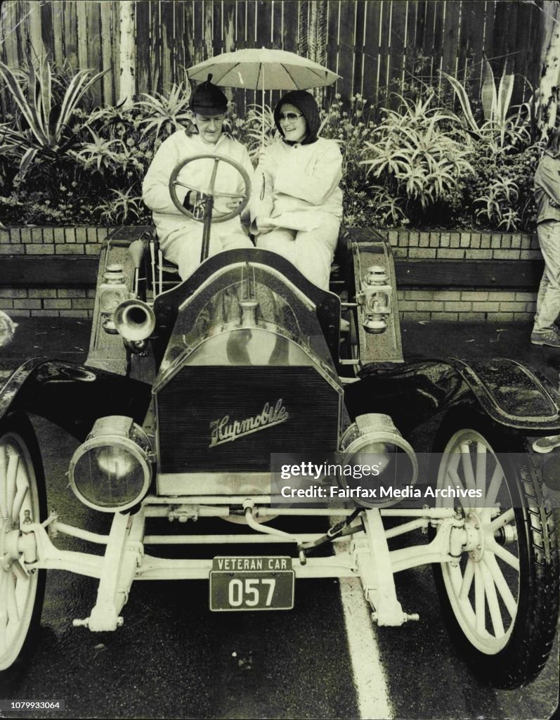 More than 30 vintage and veteran cars left the El Rancho Hotel at North Ryde today for Windsor the first leg of their car rally.Mr. Lionel Jones of Bexley and his daughter miss Jan Jones prepare for the start in their 1909 Veteran Hupmobile.