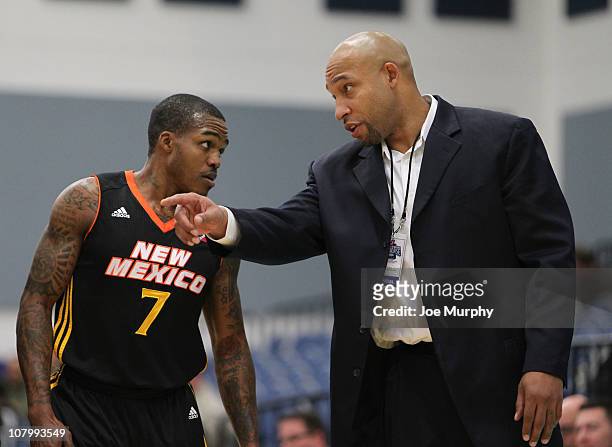 Darvin Ham Head Coach and Stephen McDowell of the New Mexico Thunderbirds talk during the game against the Maine Red Claws during the 2011 NBA...