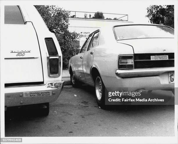 Stickers on Bumper bars of cars as sold by Laurie Clark at Mt Druitt. February 28, 1979. .