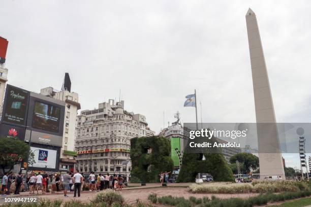 View of the Obelisco Monument in capital Buenos Aires, Argentina on January 09, 2019. The historical Obelisco Monument is a tourist attraction center...