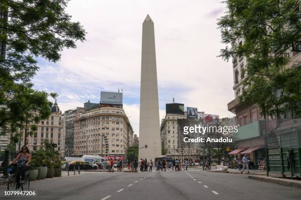 View of the Obelisco Monument in capital Buenos Aires, Argentina on January 09, 2019. The historical Obelisco Monument is a tourist attraction center...