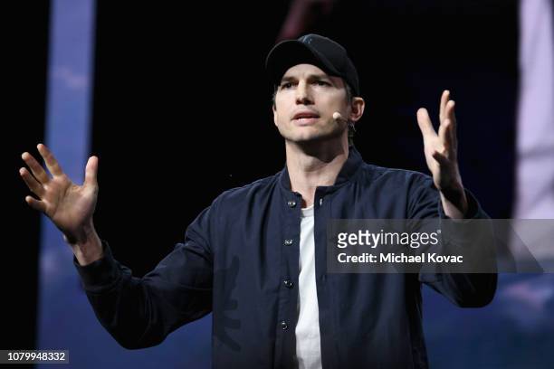 Ashton Kutcher speaks onstage during WeWork Presents Second Annual Creator Global Finals at Microsoft Theater on January 9, 2019 in Los Angeles,...