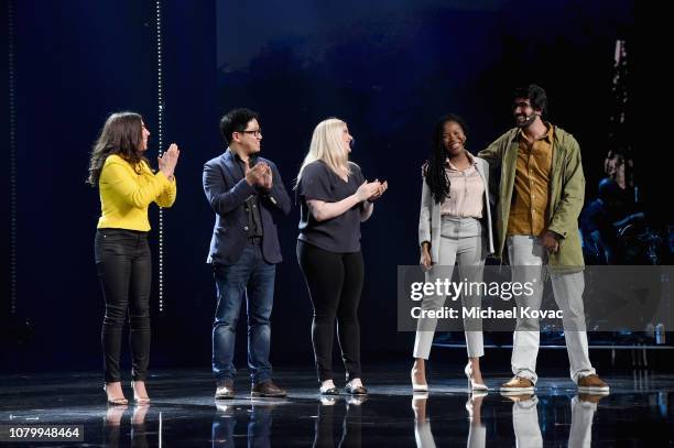 Stephanie Benedetto, Jiliang Ma, Chloe Alpert, Rachael Corson and Tomas Abrahao celebrate onstage during the WeWork Presents Second Annual Creator...