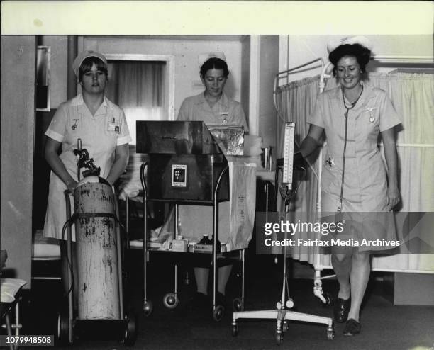 Nurses Margo Porter, Anne Fallon and Julie Johnston at work.Nurses at the Prince of Wales Hospital, at work. June 17, 1981. .