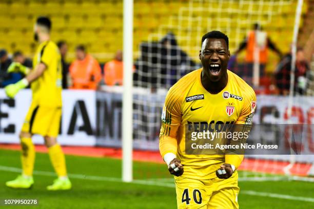 Loic Badiashile of Monaco celebrates the victory during the French League Cup match between Monaco and Rennes at Stade Louis II on January 9, 2019 in...