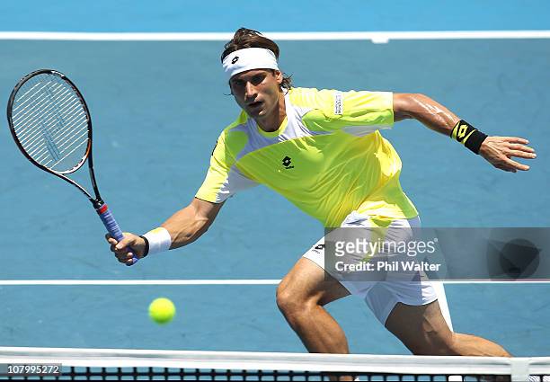 David Ferrer of Spain plays a forehand during his match against Tobais Kamke of Germany on day three of the Heineken Open at the ASB Tennis Centre on...
