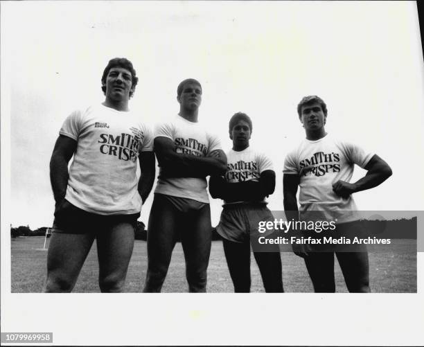 Newcomers to the Sth. Sydney 1st grade League Team.Left to right: Phil Gould, Ian Roberts, Brad Webb and David Moon. March 3, 1986. .