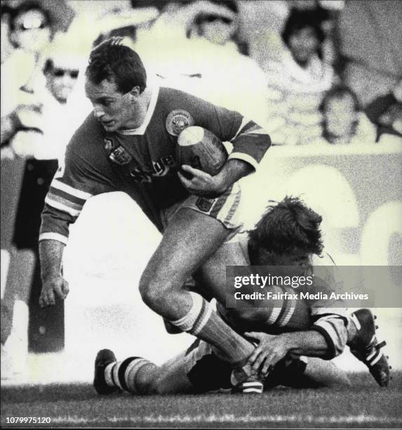 Rugby League - Cronulla verses Canberra at Sydney Football Stadium.Ettingshausen bails to stop Canberra's from Scoring. September 02, 1989. .