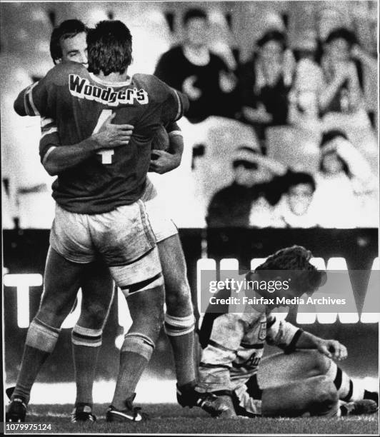Rugby League - Cronulla verses Canberra at Sydney Football Stadium.A directed Ettingshausen bails to stop wood from scoring - wood is congratulated...