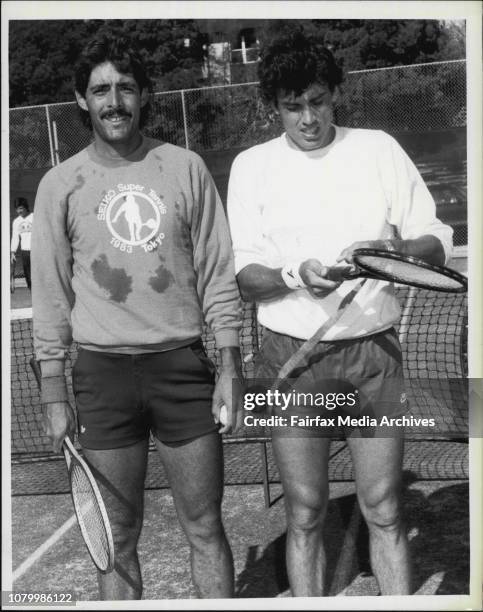 Davis Cup -- The Paraguay Davis Cup team training today at White City.Francisco Gonzales and Victor Pecci this morning. July 29, 1985. .