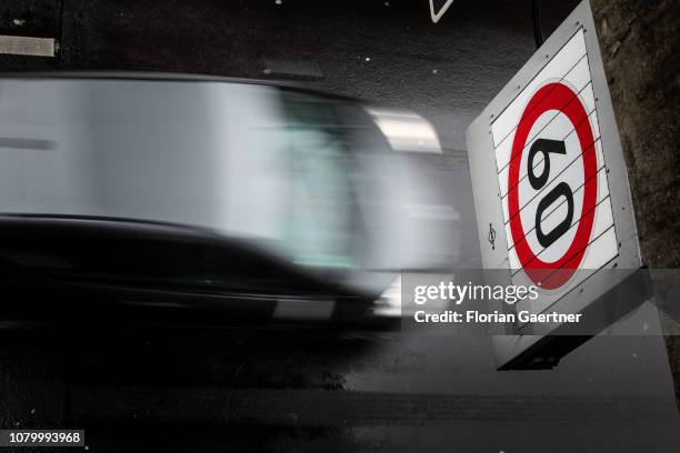 Sign shows the speed limit of 60 kilometer per hour on the highway on January 09, 2019 in Berlin, Germany.