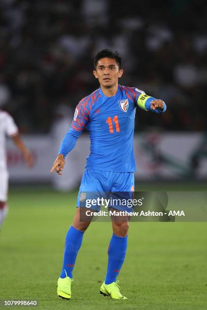 Sunil Chhetri of India in action during the AFC Asian Cup Group A match between India and the United Arab Emirates at Zayed Sports City Stadium on...