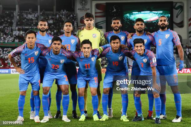 Players of India line up for team photos prior to the AFC Asian Cup Group A match between India and the United Arab Emirates at Zayed Sports City...