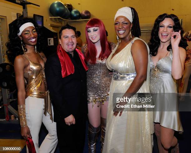 Rescued Chilean miner Edison Pena appears with singers Jennlee Shallow, Carly Smithson, Toscha Comeaux and Andrea Norberg backstage at "Viva ELVIS"...