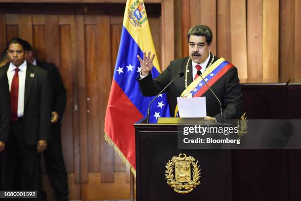 Nicolas Maduro, Venezuela's president, speaks after being sworn in during the presidential inauguration at the Supreme Court in Caracas, Venezuela,...