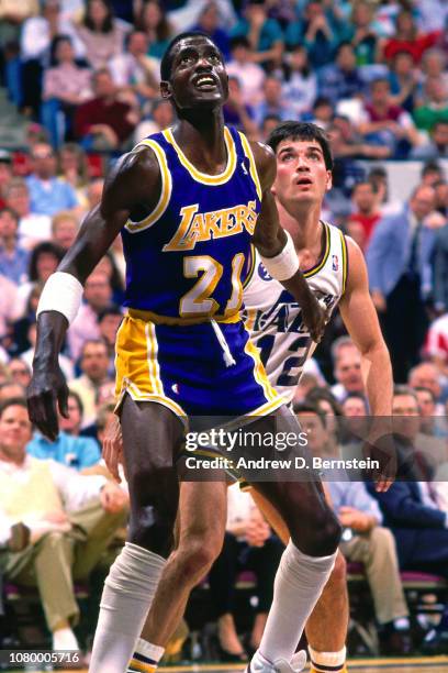 Michael Cooper of the Los Angeles Lakers waits for a rebound against the Utah Jazz during the 1988 Western Conference Semifinals on May 13, 1988 at...