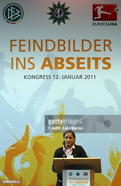 Sandra Smisek holds a speech during the DFB security congress at Steigenberger Airport Hotel on January 12, 2011 in Frankfurt am Main, Germany.