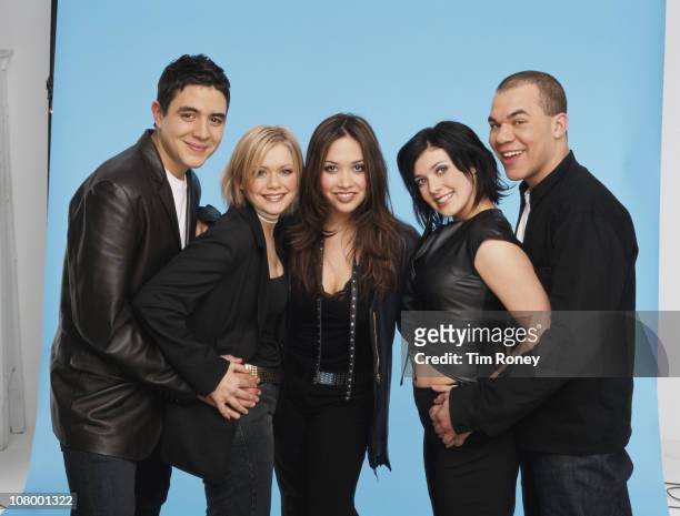 British pop group Hear'Say, circa 2001. From left to right, they are Noel Sullivan, Suzanne Shaw, Myleene Klass, Kym Marsh and Danny Foster.
