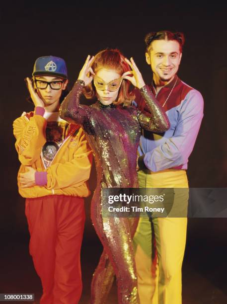 Club/dance group Deee-Lite, circa 1990. From left to right, they are Towa Tei, Lady Miss Kier and Super DJ Dmitri.