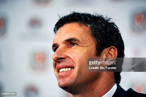 Wales manager Gary Speed faces the press at the launch of the announcment of Vauxhall as the new team sponsor at Cardiff City Stadium on January 12,...