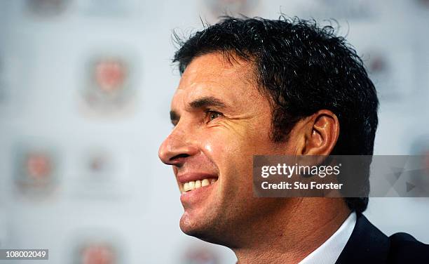 Wales manager Gary Speed faces the press at the launch of the announcment of Vauxhall as the new team sponsor at Cardiff City Stadium on January 12,...