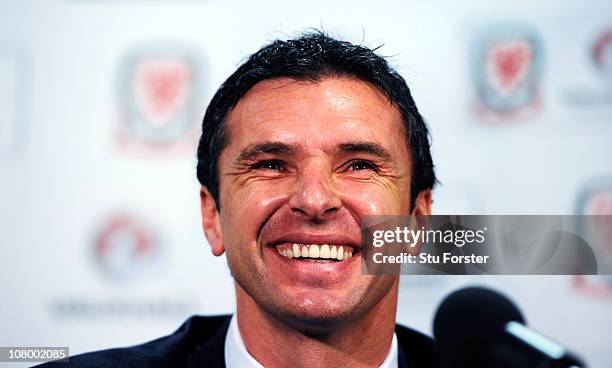 Wales manager Gary Speed faces the press at the launch of the announcment of Vauxhall as the new team sponsor at Cardiff City Stadium on January 12,...