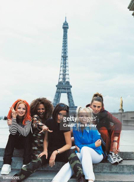 The Spice Girls pose in front of the Eiffel Tower in Paris, September 1996. From left to right, Geri Halliwell, Melanie Brown, Victoria Adams, Emma...