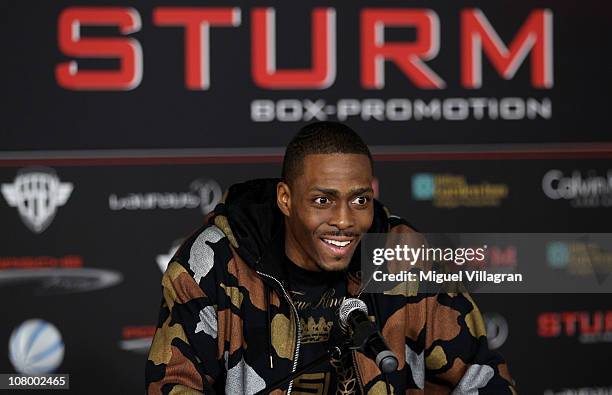 Challenger Ronald Hearns looks on during a press conference on January 12, 2011 in Stuttgart, Germany. WBA middleweight world champion Felix Sturm of...