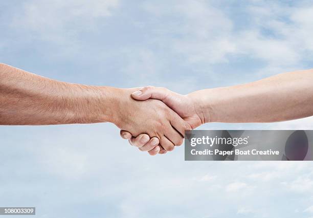 two men shaking hands againt sky background - toestemming begrip stockfoto's en -beelden