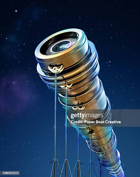 giant golden telesecope pointed at stars at night - telescope stock illustrations