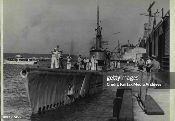 The U.S. Sub being tied up at the wharf.U.S. Submarine Archerfish arrived back at No. 7b Circular Quay today after a one day trip. The Sub was...