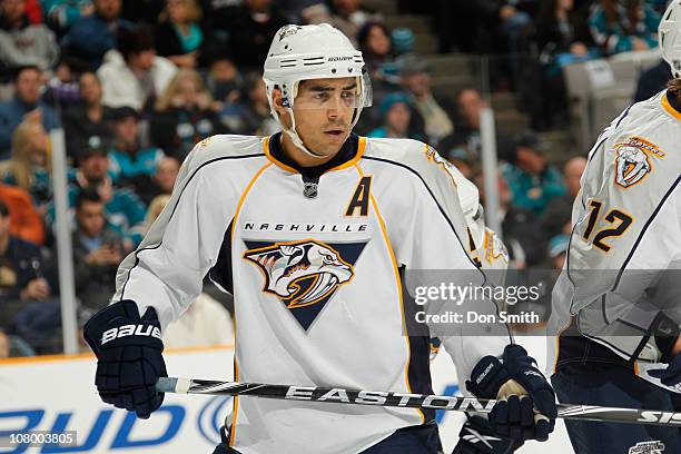 Francis Bouillon of the Nashville Predators waits for a faceoff against the San Jose Sharks during an NHL game on January 8, 2011 at HP Pavilion at...