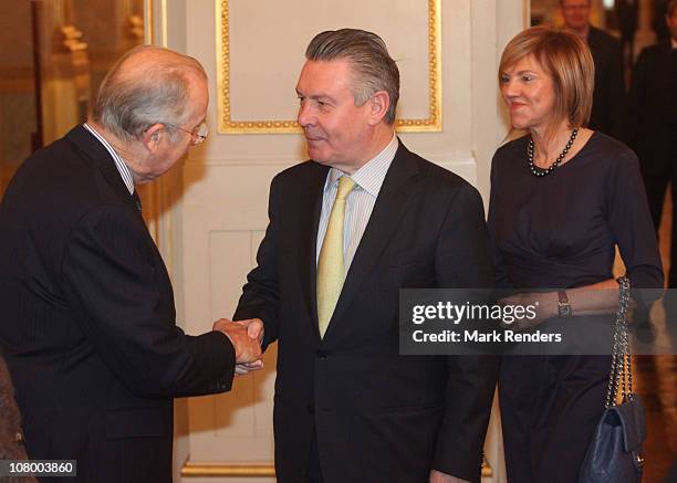 King Albert of Belgium, Member of the European Commission Karel De Gucht and Mdme De Gucht attend the New Years reception at the Royal Palace at...