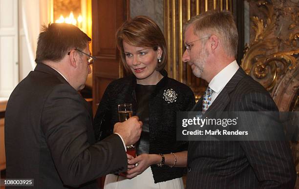 Belgian Foreighn Minister Steven Van Ackere, Princess Mathilde and Prince Philippe of Belgium attend the New Years reception at the Royal Palace on...