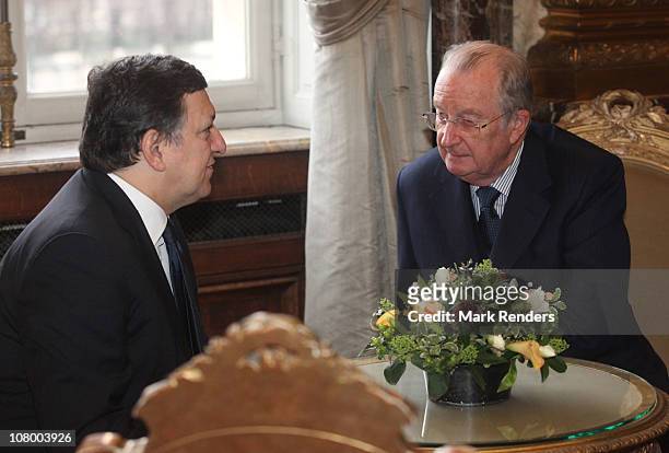 President of the European Commission José Manuel Barroso and King Albert of Belgium attend the New Years reception at the Royal Palace on January 12,...