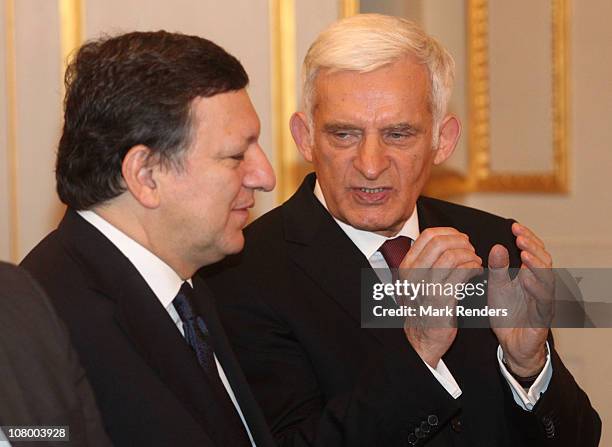 President of the European Commission José Manuel Barroso and President of the European Parliament Jerzy Buzek attend the New Years reception at the...