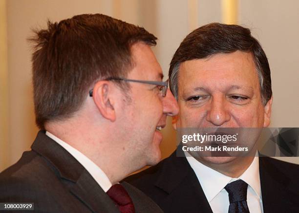 Belgian Foreign Minister Steven Van Ackere and President of the European Commission José Manuel Barroso attend the New Years reception at the Royal...